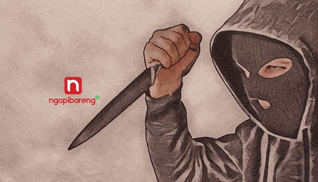 Ilustrasi begal motor disertai tindakan kekerasan dengan senjata tajam atau sajam. (Grafis: Fa Vidhi/Ngopibareng.id)