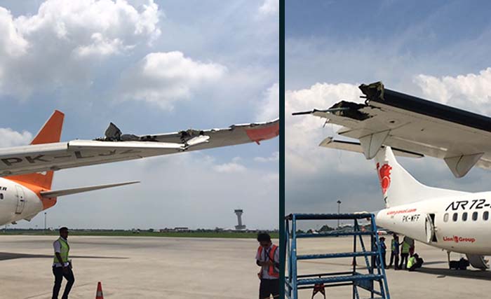 Gambar kiri, sayap kiri pesawat Boeing 737 900 mmilik Lion Air, dan kanan sayap  ATR 72 milik Wing Air.  (foto: istimewa)