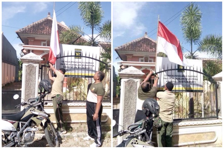 Bendera merah putih terbalik itu akhirnya dibenarkan oleh Babinsa dan Satpol PP. (Foto: Istimewa)