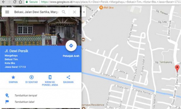 Pencarian Jalan Dewi Sartika yang berujung pada Jalan Dewi Persik di google maps