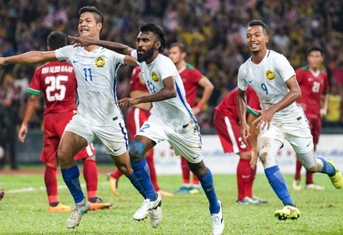 Pemain Malaysia merayakan gol penentu kemenangan atas Indonesia di babak semifinal Sea Games 2017, tadi malam.
