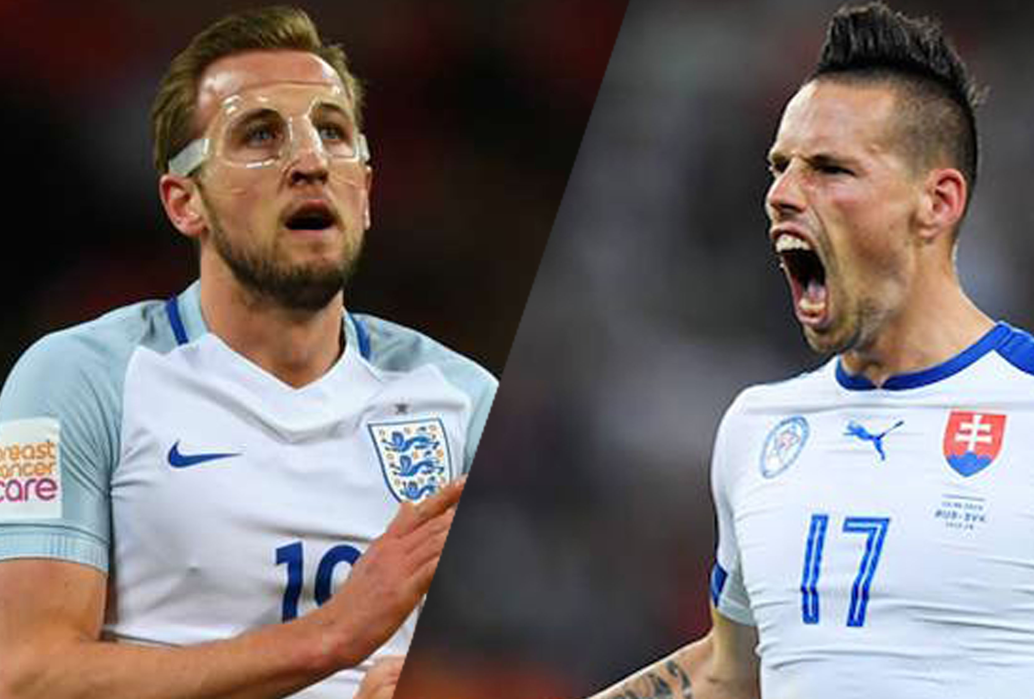 Duel sengit penyerang Inggris Harry Keane dan gelandang serang Slowakia Hamsik akan terjadi di Stadion Wembley, dini hari nanti   