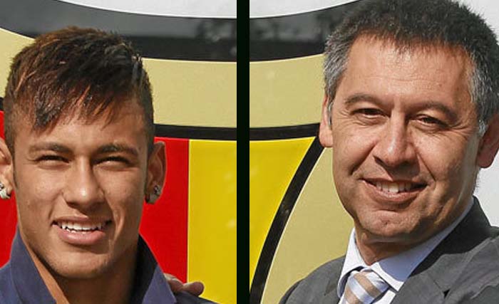 Neymar dan Presiden Barcelona Josep Maria Bartomeu (kanan). (foto: dokumentasi)