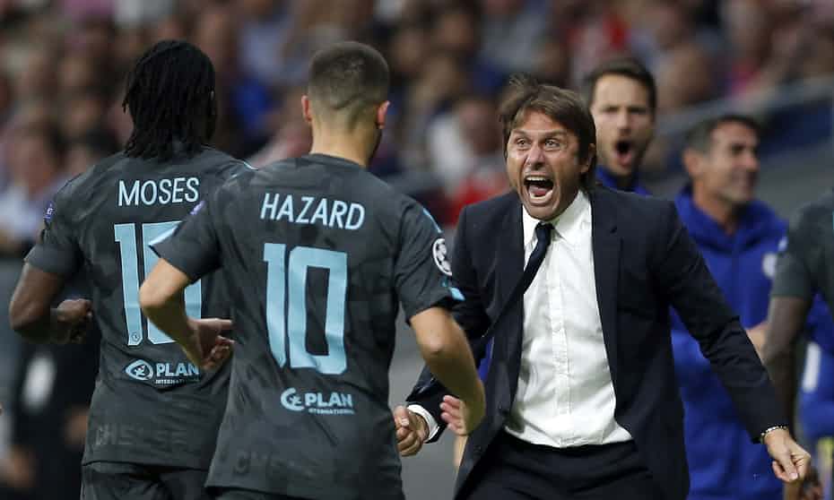 Ekspresi Pelatih Chelsea Conte usai timnya membobol gawang ATM di masa injury time.