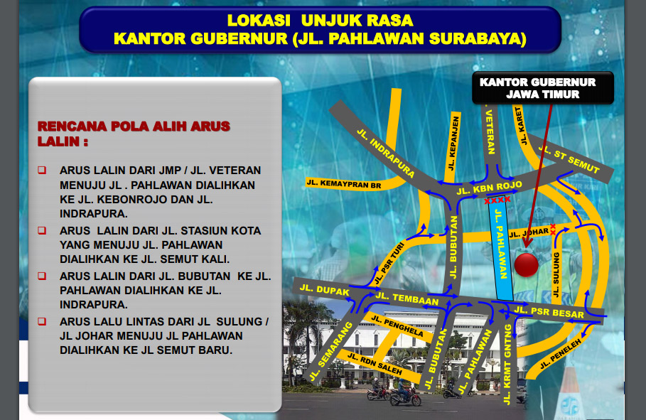 ilustrasi pengalihan arus lalu lintas, akibat unjuk rasa ratusan sopir angkot di depan Kantor Gubernur Jawa Timur, Jalan Pahlawan, Surabaya, pada Selasa 3 Oktober 2017. (foto: ilustrasi Polrestaber Surabaya)