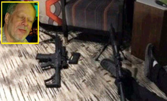 Kamar hotel pelaku penembak di Las Vegas menunjukkan senapan serbu, peluru yang bertebaran di lantai. Tubuh Stephen Paddock tergelatk di lantai. inset, Stephen Paddock. (foto dokumentasi)