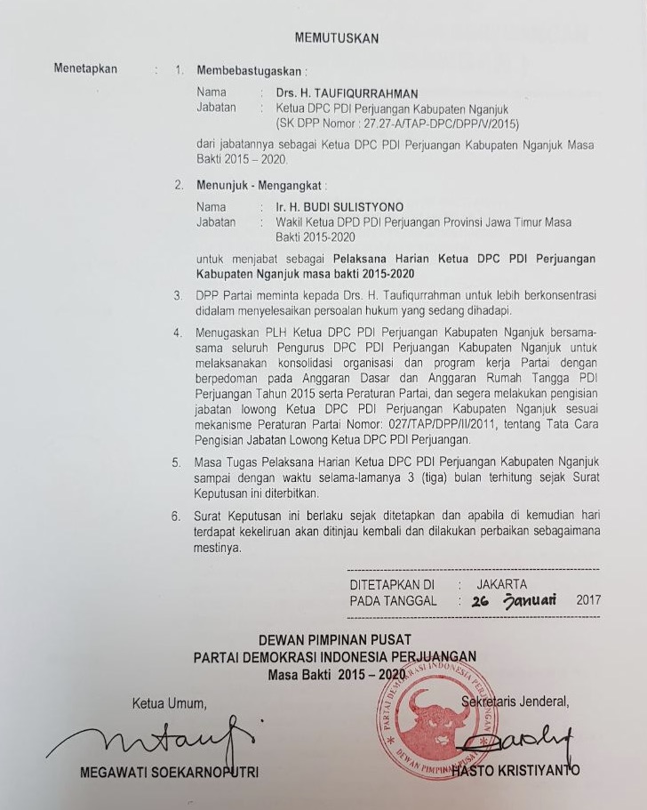 Surat pemecatan ketua DPC PDI Perjuangan Nganjuk