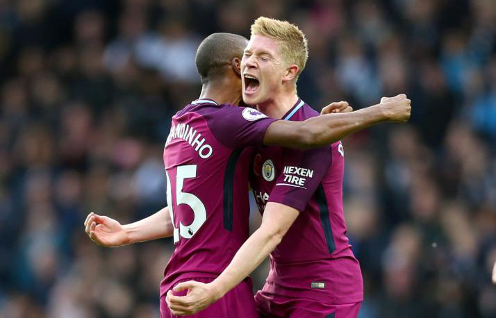 Selebrasi pemain Manchester City, Kevin de Brunye usai membobol gawang West Brom Albion, tadi malam.