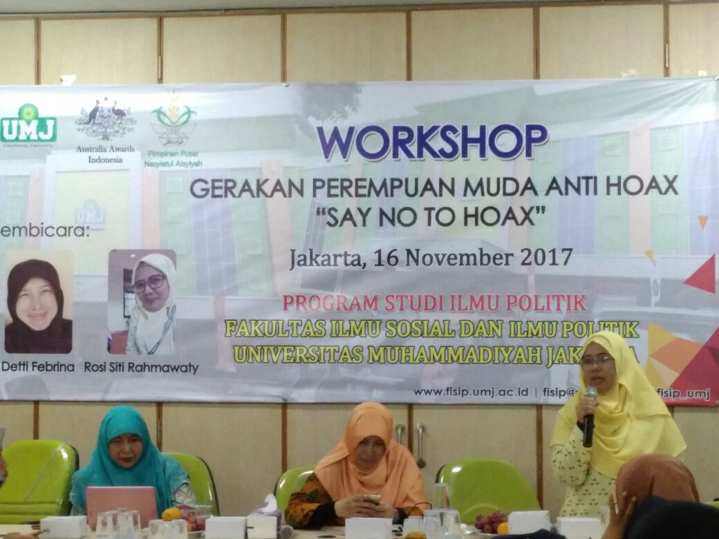 DISKUSI: Workshop "Say No to Hoax: Gerakan Perempuan Muda Anti-Hoax"  di UMJ. (foto: ist)