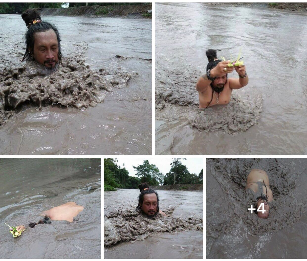 Aksi Jero Kuncir berendam di lahar hujan Gunung Agung. Foto : facebook