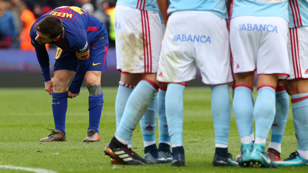 Bintang Barcelone Lionel Messi saat menghadapi Celta Vigo dalam lanjutan La Liga Spanyol, tadi malam. foto;marca