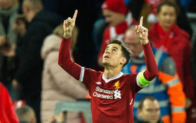 Selebrasi pemain Liverpool, Coutinho usai cetak hattrik ke gawang Spartak Moskow dalam laga terakhir Liga Champions Grup E, dini hari tadi. foto:afp  