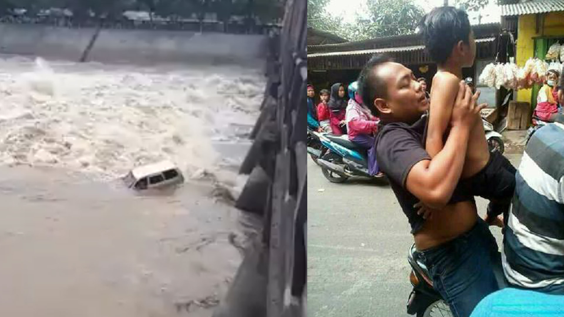 Mobil Toyota Kijang LGX yang terjebur di anak Sungai Brantas. Dan salah seorang penumpang yakni Helmi Abdilah (8), berhasil diselamatkan warga. (Foto: Istimewa)