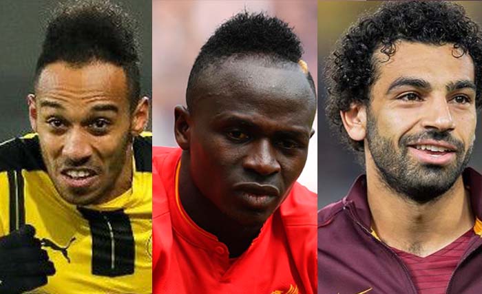 Dari kiri, Pierre-Emerick Aubameyang (asal Gabon bermain di Borussia Dortmund), Sadio Mane (Senegal, Liverpool) dan Mohammed Salah (Mesir, Liverpool). (foto:ngobar)