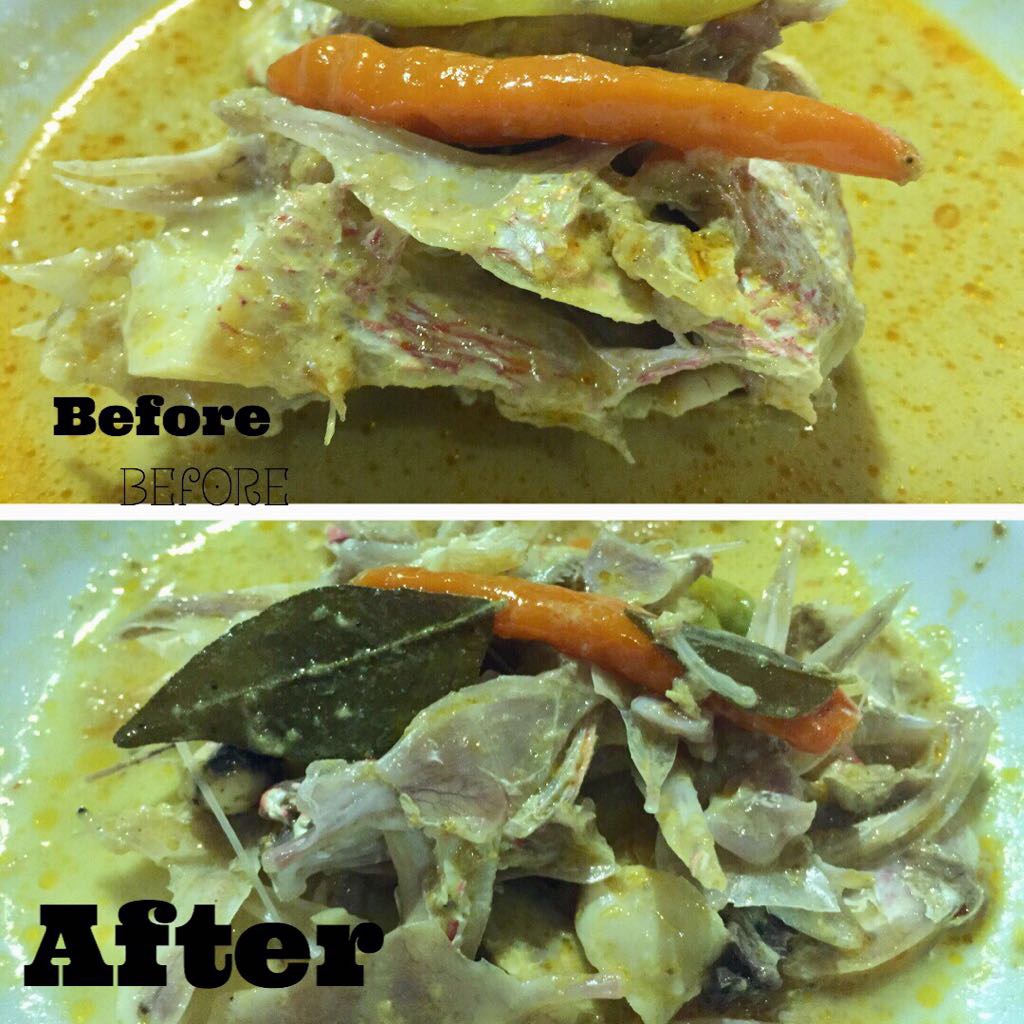 Gulai kepala ikan sebelum dan setelah disantap.