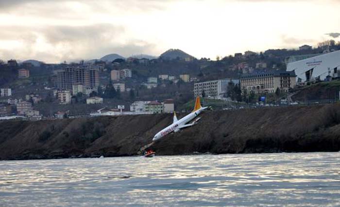 Pesawat Pegasus Airlines nyaris kecemplung laut dalam insiden yang terjadi hari Minggu 14 Januari kemarin, di bandara Trabzon, Turki utara. (foto: independen)t.ie)
