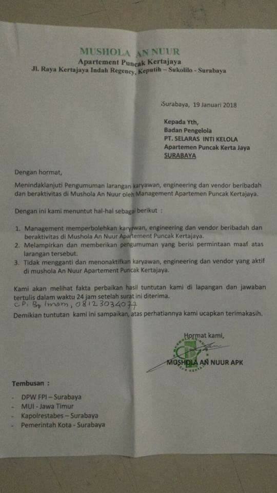 Surat tuntutan pengurus Mushola An Nuur