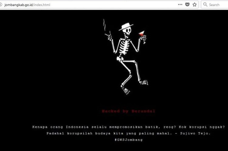 Situs Pemerintah Kabupaten Jombang diretas pada Senin, 5 Februari 2018, pagi. Diduga terkait kasus yang melibatkan Bupati Jombang Nyono Suharli Wihandoko.(Screen capture dari situs Pemkab Jombang)