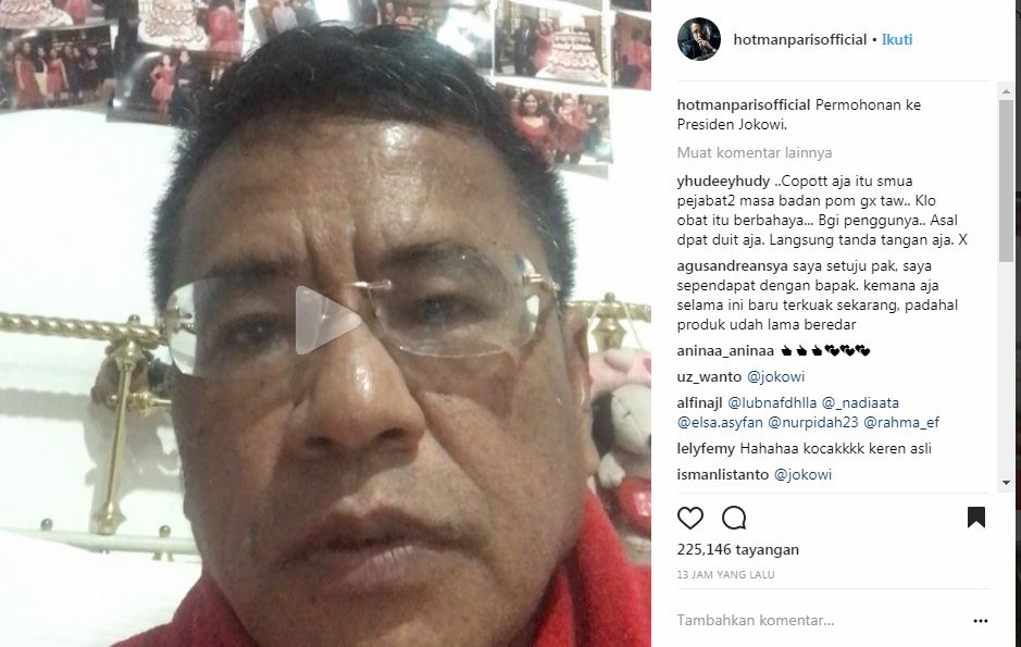 Tangkapan layar akun Hotman Paris soal desakankepada Presiden untuk copot petinggi BPOM  (Foto; Instagram)