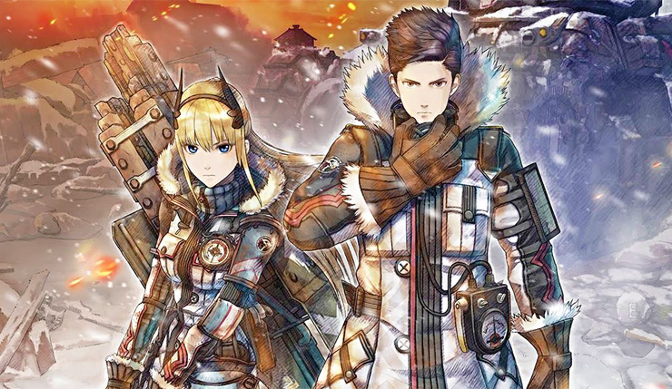 visual utama dari valkrya Chronicle 4: Eastern Front, yang perlihatakan letnan pertama Claude dan letnan kedua Riley