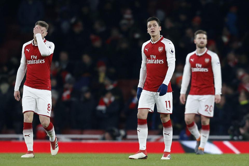 Pemain Arsenal tak berdaya di kandang sendiri melawan Manchester City dalam lanjutan Liga Inggris, dini hari tadi. foto:gettyimages