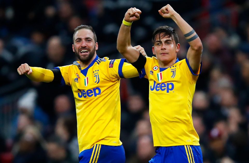 Dua  penyerang Juventus, Huguain dan Dybala menjadi pahlawan setelah masing-masing mencetak satu gol ke gawang Tottenham, dini hari tadi. foto:gettyimages