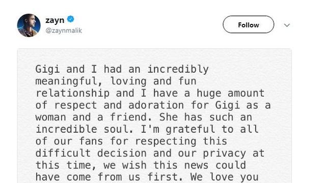 Postingan Zyan Malik yang mengabarkan jika dirinya telah putus. (Twitter)