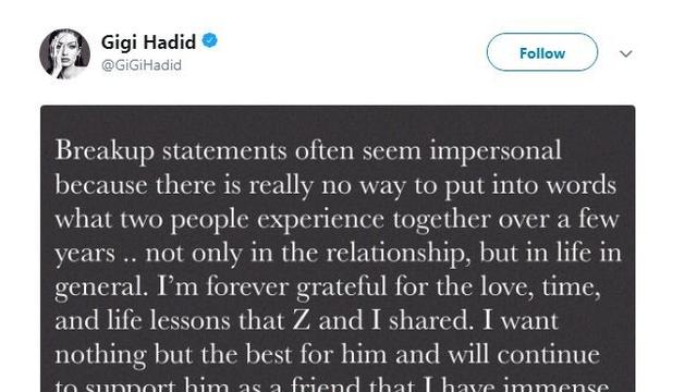 Postingan Gigi Hadid di akun Twitternya. (Twitter)