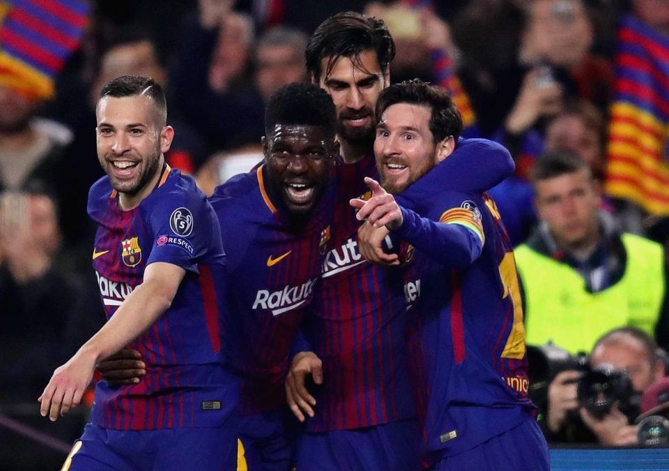 Pemain Barcelona usai mencetak gol ke gawang Chelsea. foto:gettyiamges