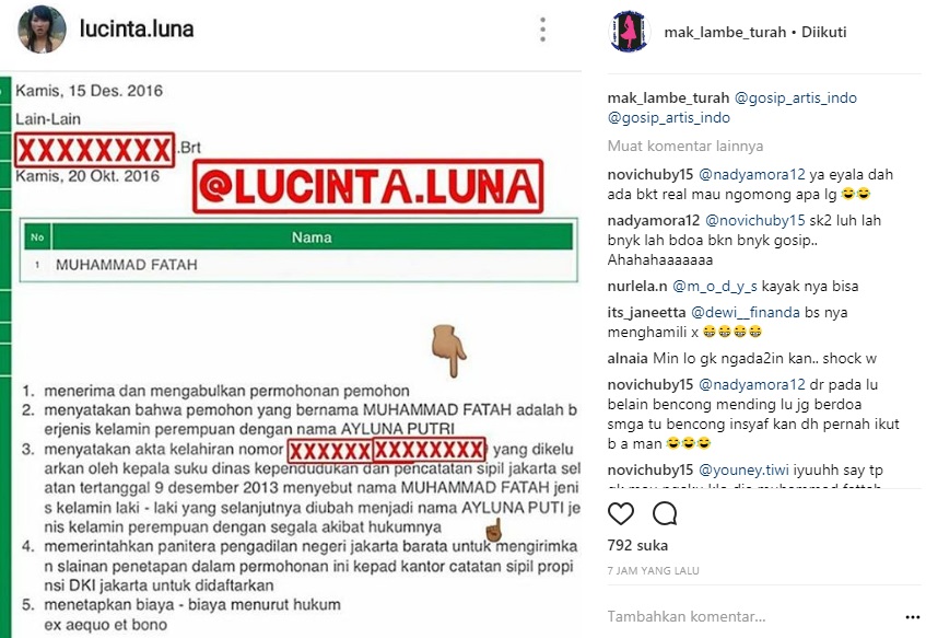 Surat permohonon ganti jenis kelamin milik Lucinta Luna. (Instagram)