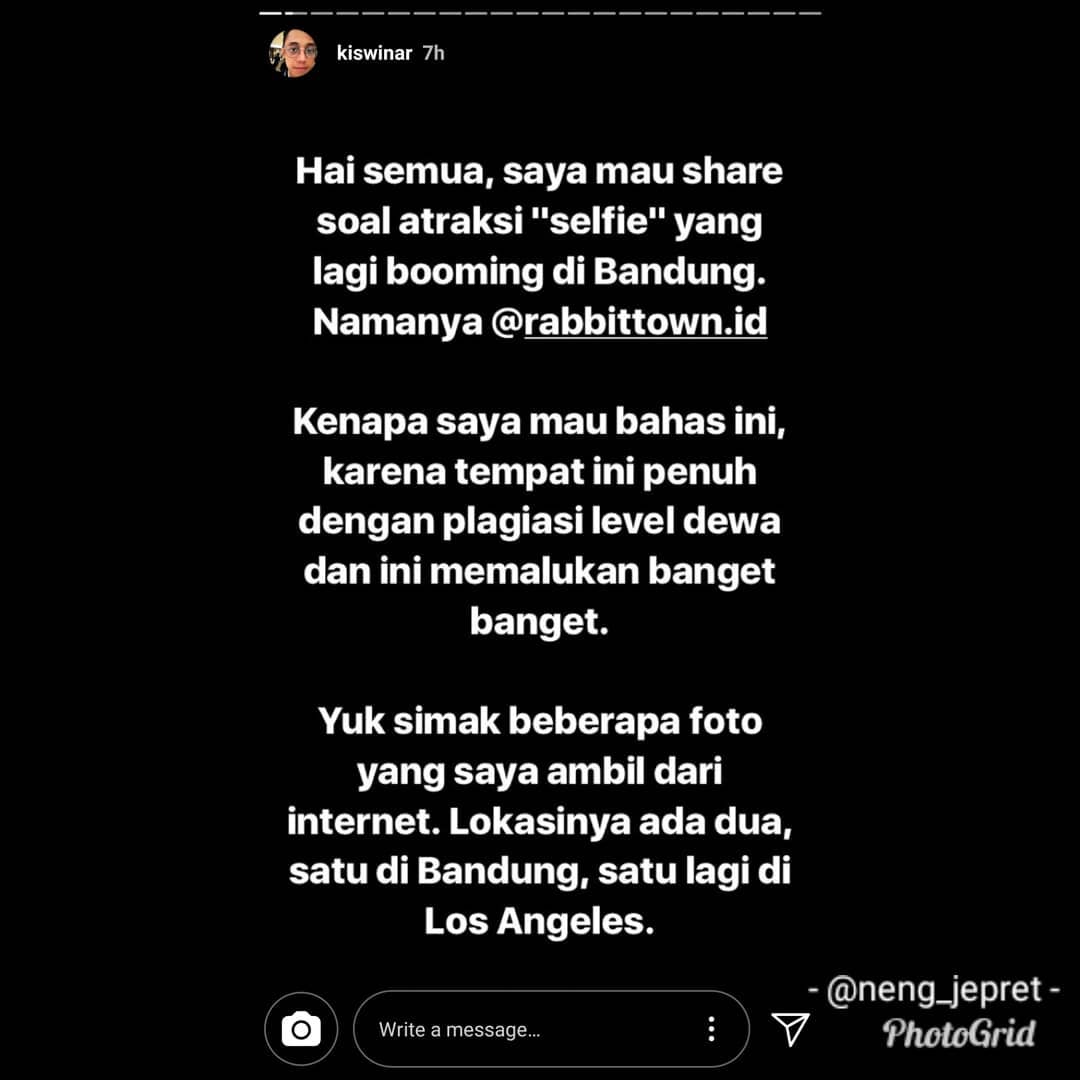 Unggahan Kiswinar soal tempat wisata di Bandung yang diduga plagiat. (Instagram)