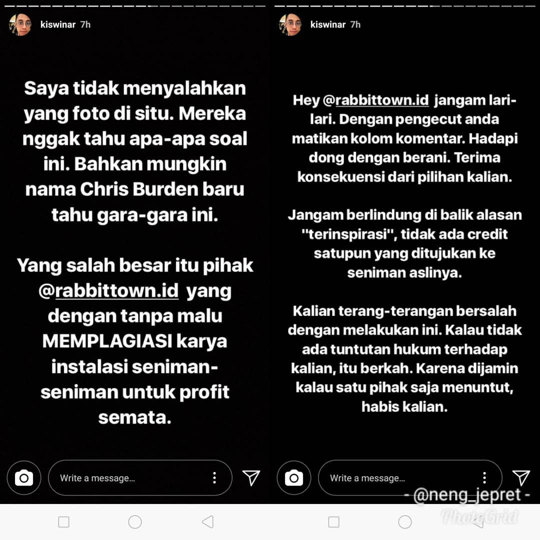 Kiswinar menyayangkan hal yang dilakukan oleh pihak @rabbittown.id. (Instagram)