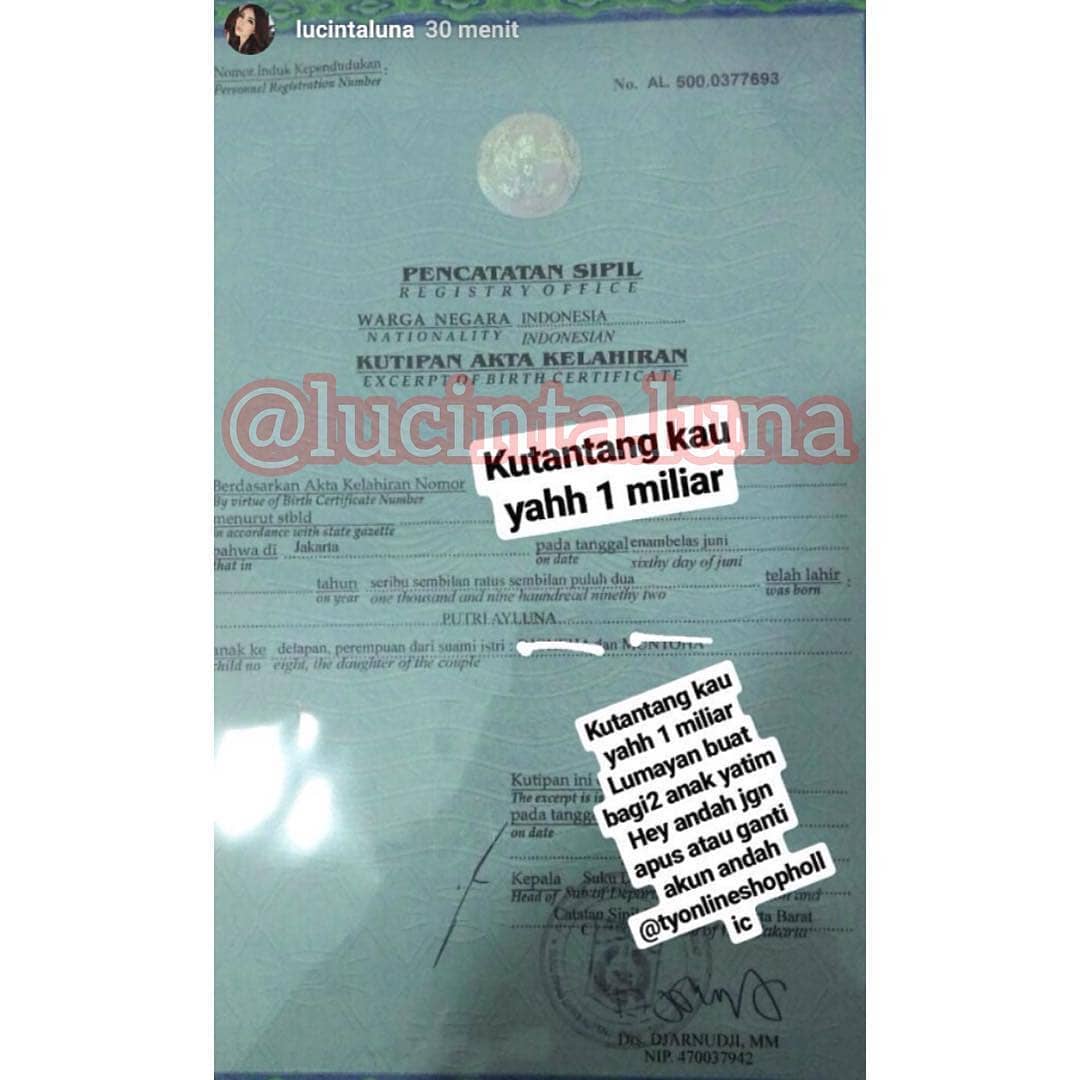 Postingan akta kelahiran Lucinta Luna. (Instagram)