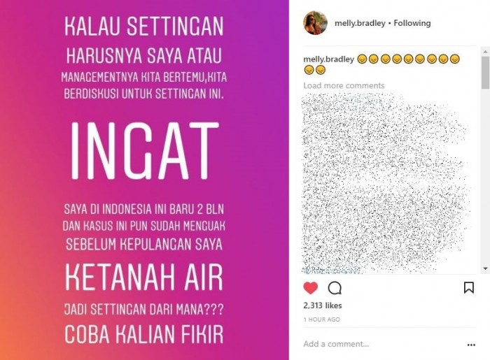 Klarifikasi kedua Melly Bradley mengenai isu settingan pertikaiannya dengan Lucinta Luna. (Instagram)