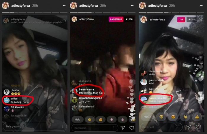 Netizen yang berkomentar jorok ketika istri Gilang Dirga Live Instagram. (Instagram)