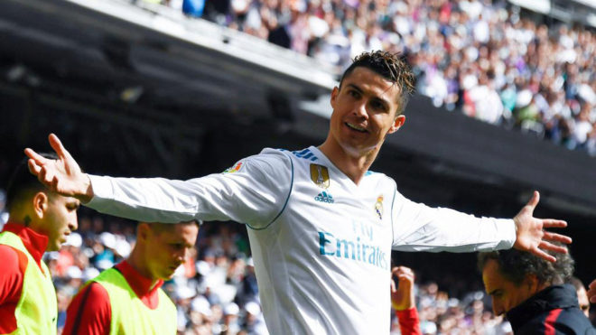 Selebrasi Ronaldo usai mencetak gol ke gawang ATM. foto:marca