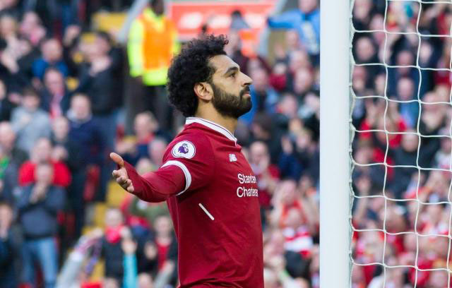 Selebrasi Mohamed Salah usai mencetak gol ke 40 di Liga Inggris, tadi malam. foto:reuters
