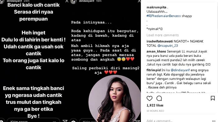 Instagram stories Dinda Syarif. (Instagram)
