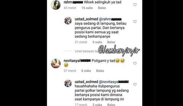 Ustad Solmed membantah berselingkuh di akun Instagramnya, @ustad_solmed.