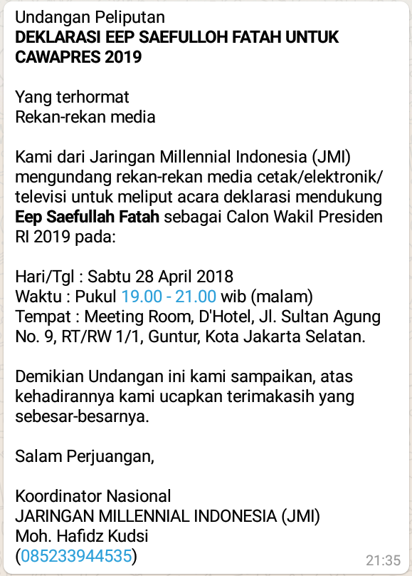 Pesan yang beredar di kalangan awakmedia, Jumat 27 April 2018. 