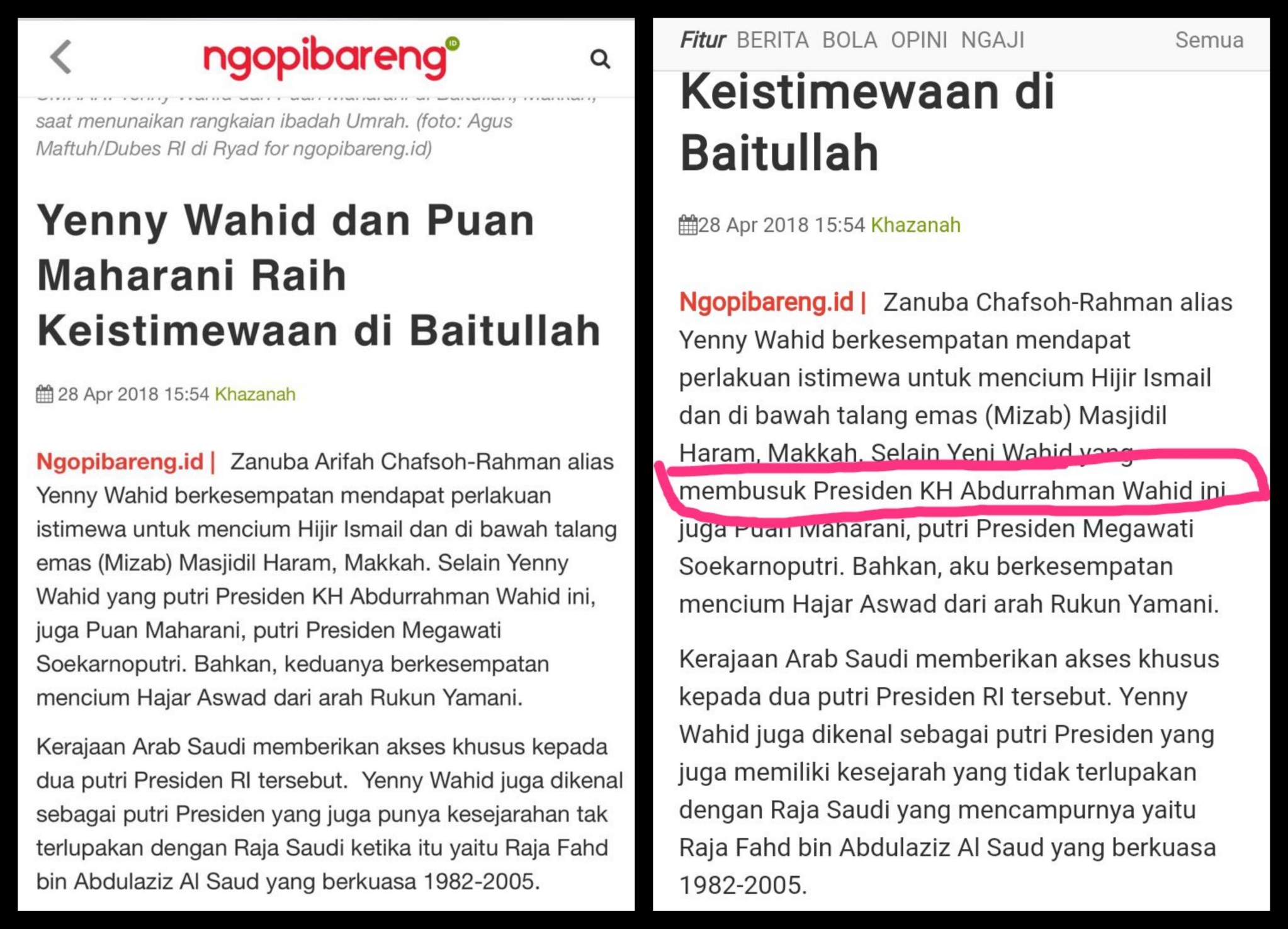 (Kiri) naskah berita sebenarnya, (kanan) naskah rekayasa.