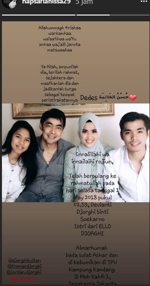 Postingan Annisa terkait kabar meninggalnya adik ipar sang suami. (Instagram)