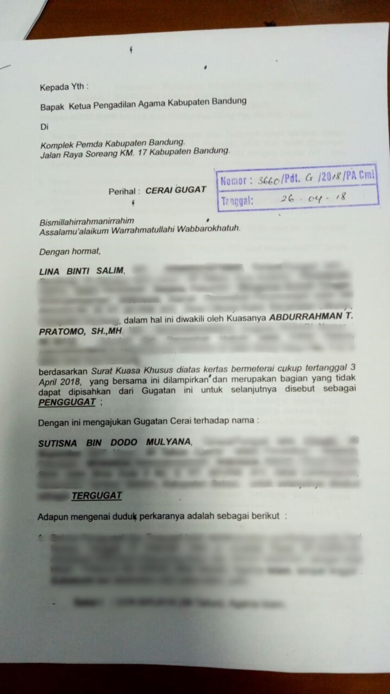 Gugatan cerai Lina terhadap komedian Sule terdaftar dengan nomor 3660/Pdt.G/2018/PA.Cmi.