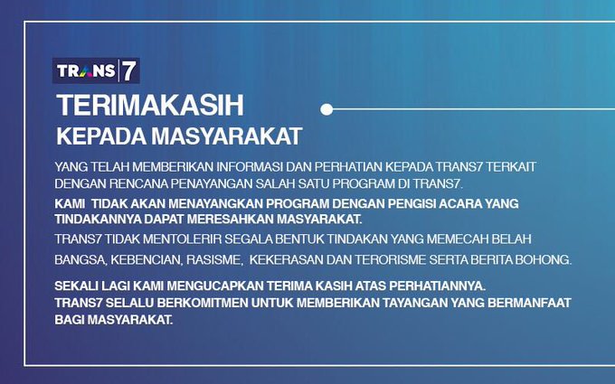Klarifikasi pihak TRANS7 terkait rencana penayangan ceramah Ustad Maaher At-Thuwailibi saat bulan Ramadhan.