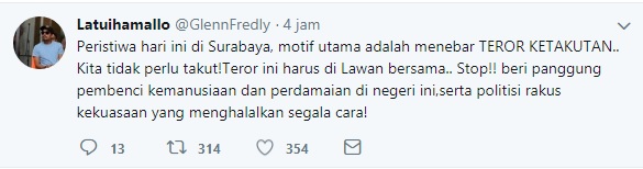 Cuitan Gleen Fredly soal terot bom gereja di Surabaya. (Twitter)