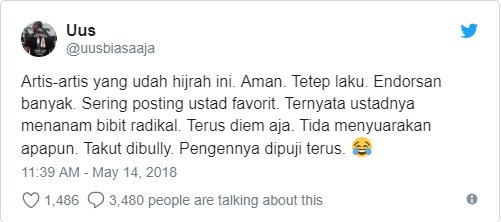 Cuitan Uus di Twitter yang menyindir artis berhijrah. (Twitter)