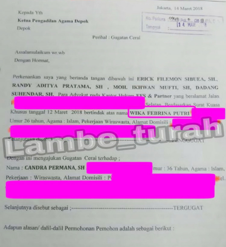 Berkas cerai Wika Salim dengan Candra Permana.