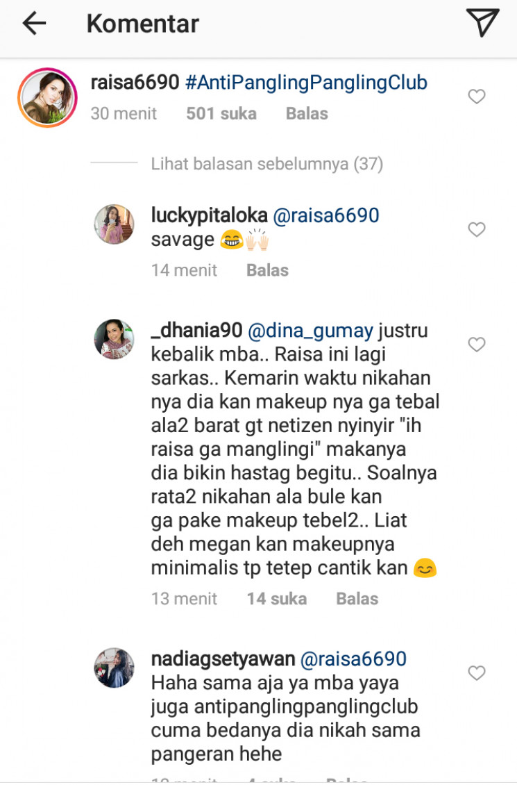 Komentar Raisa mengenai penampilan Meghan Markle. (Instagram)