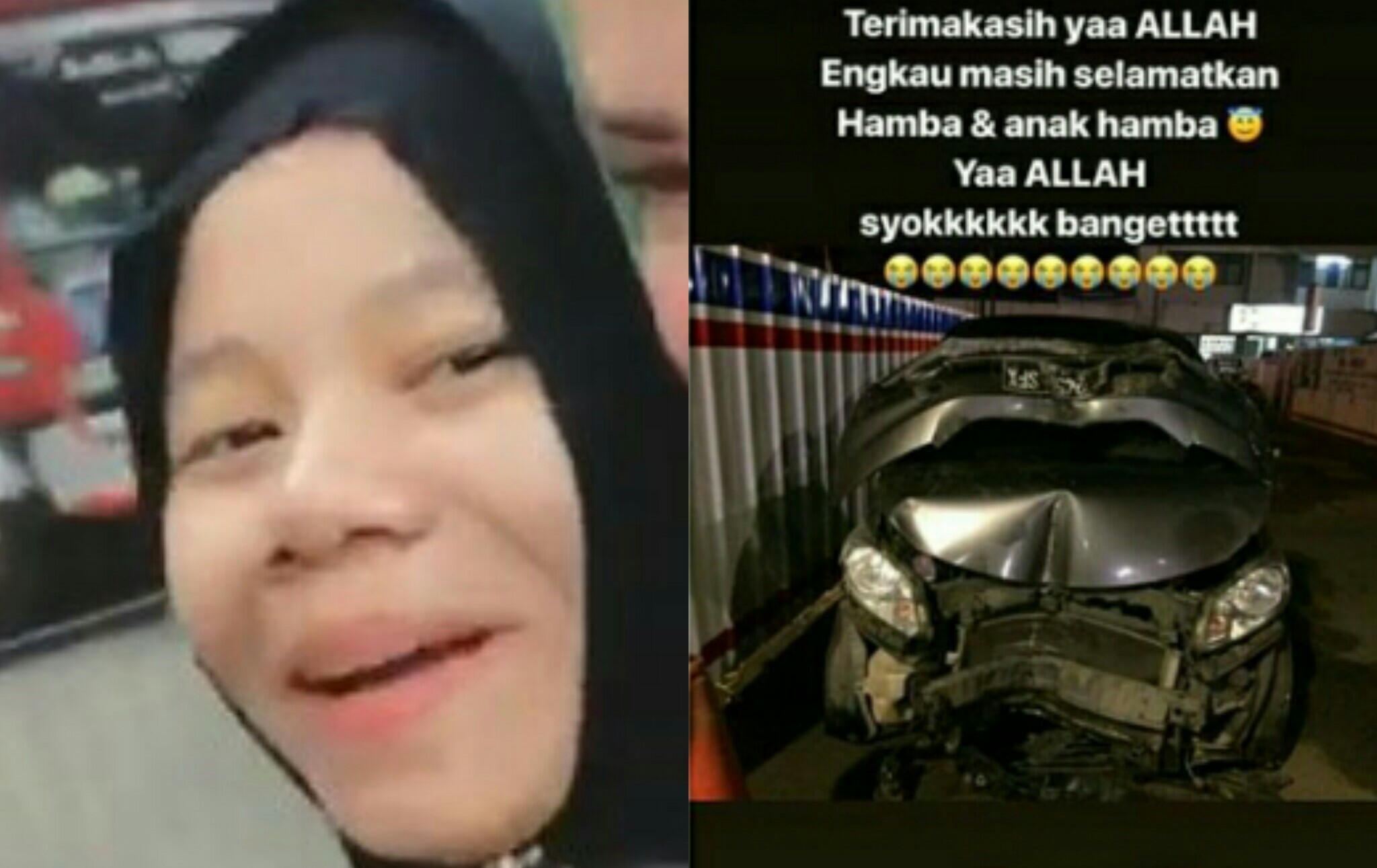 Bella, adik Vicky (kiri) dan kondisi bagian depan mobil ringsek akibat menabrak tiang usai senggolan dengan truk.