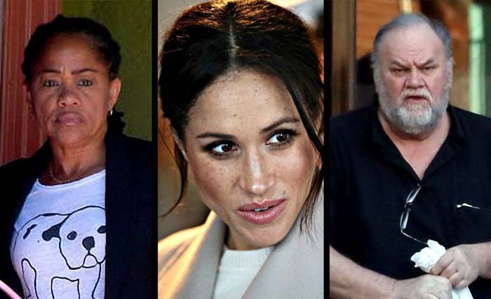 Foto Meghan Markle diapit ayah dan ibunya, Thomas Markle dan Doria Ragland. (foto: dok. afp)